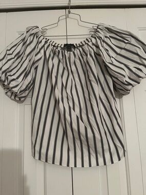 White House Black Market Black & White Striped Off-Shoulder Puff Sleeve Blouse